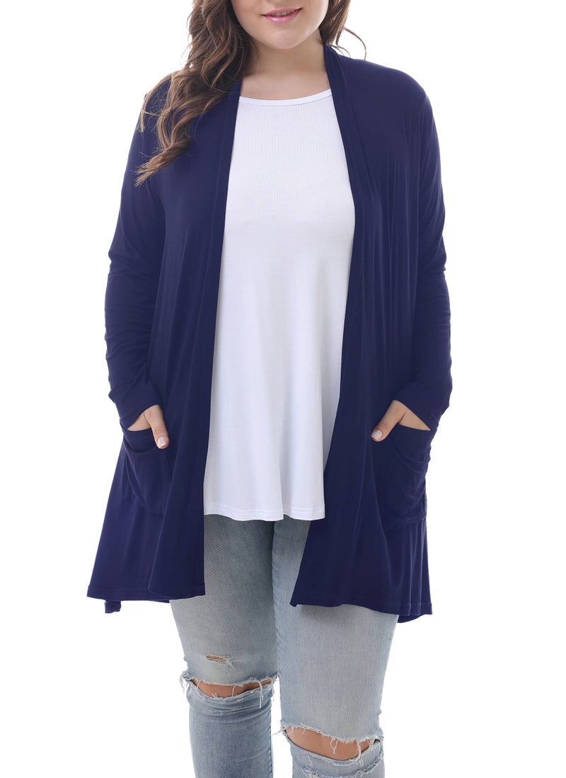 ZERDOCEAN Women's Plus Size Long Sleeve Lightweight Soft Printed Drape Cardigan with Pockets Navy 3X - Image 1